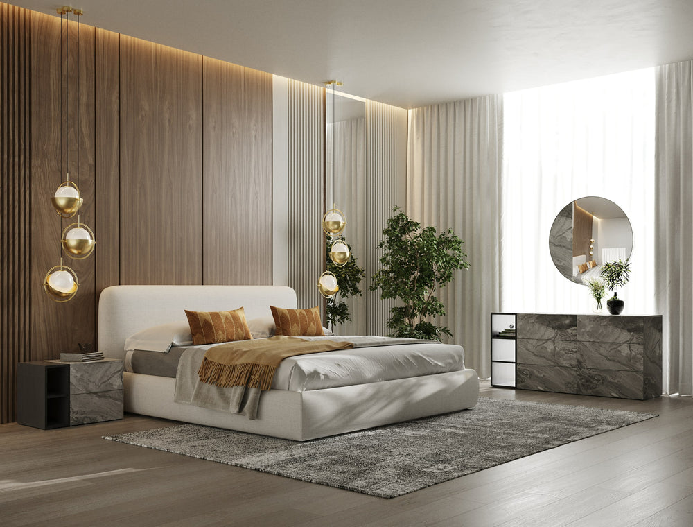 Liam - Modern Ivory Fabric Upholstered Bed - View 4