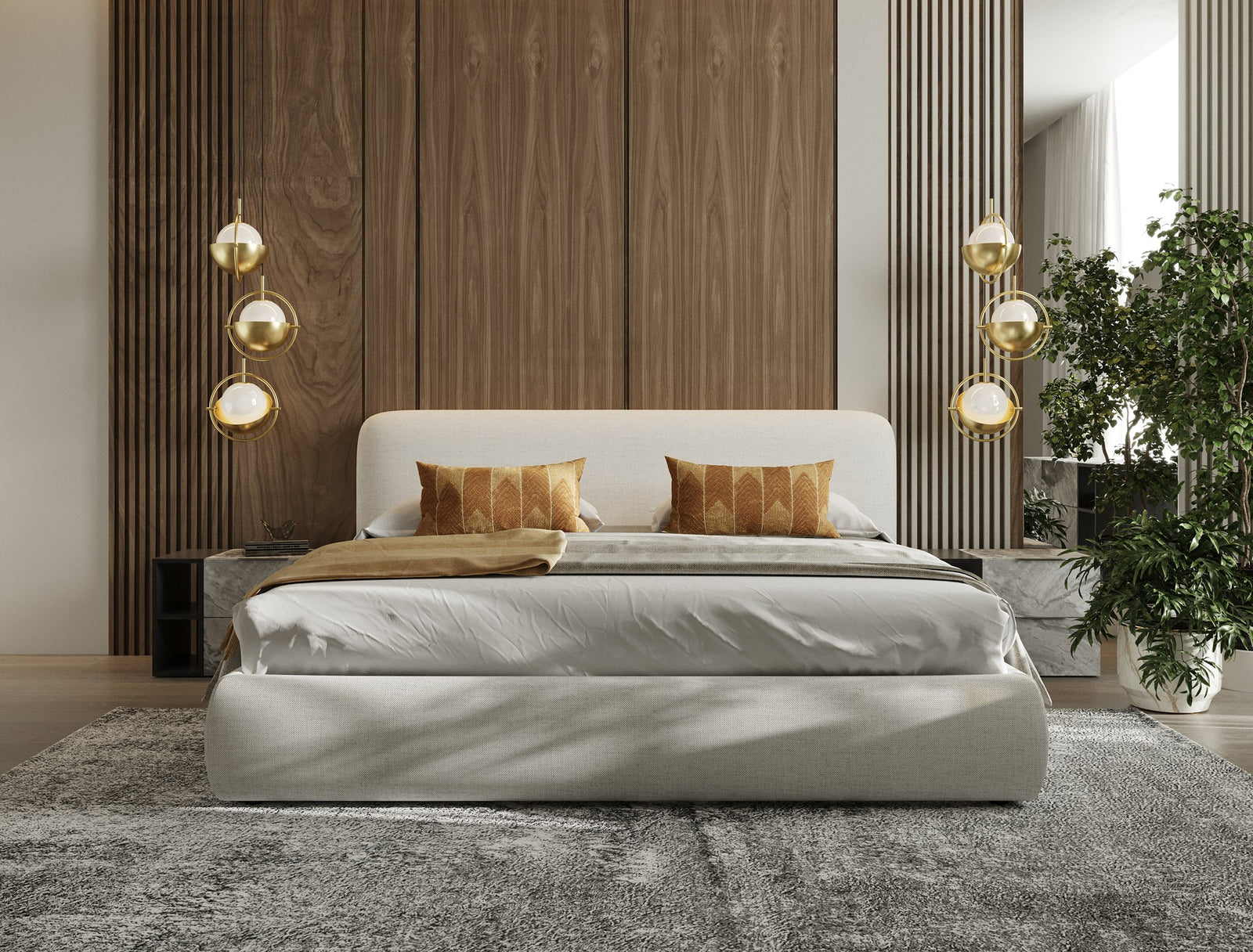 Liam - Modern Ivory Fabric Upholstered Bed - View 3