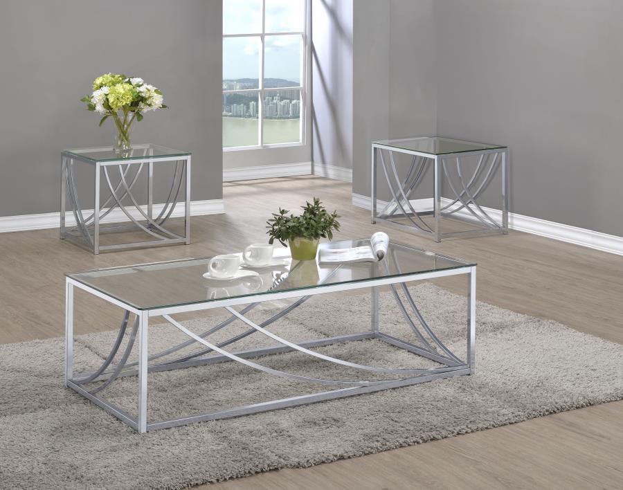 Lille - 3 Piece Glass Top Coffee End Sofa Table Set - Chrome Table Set modern furniture Contempo Furniture
