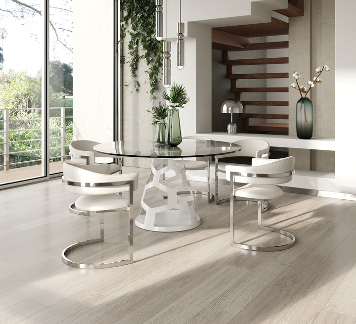 Lilly - Modern 12mm Round Glass + White Dining Table
