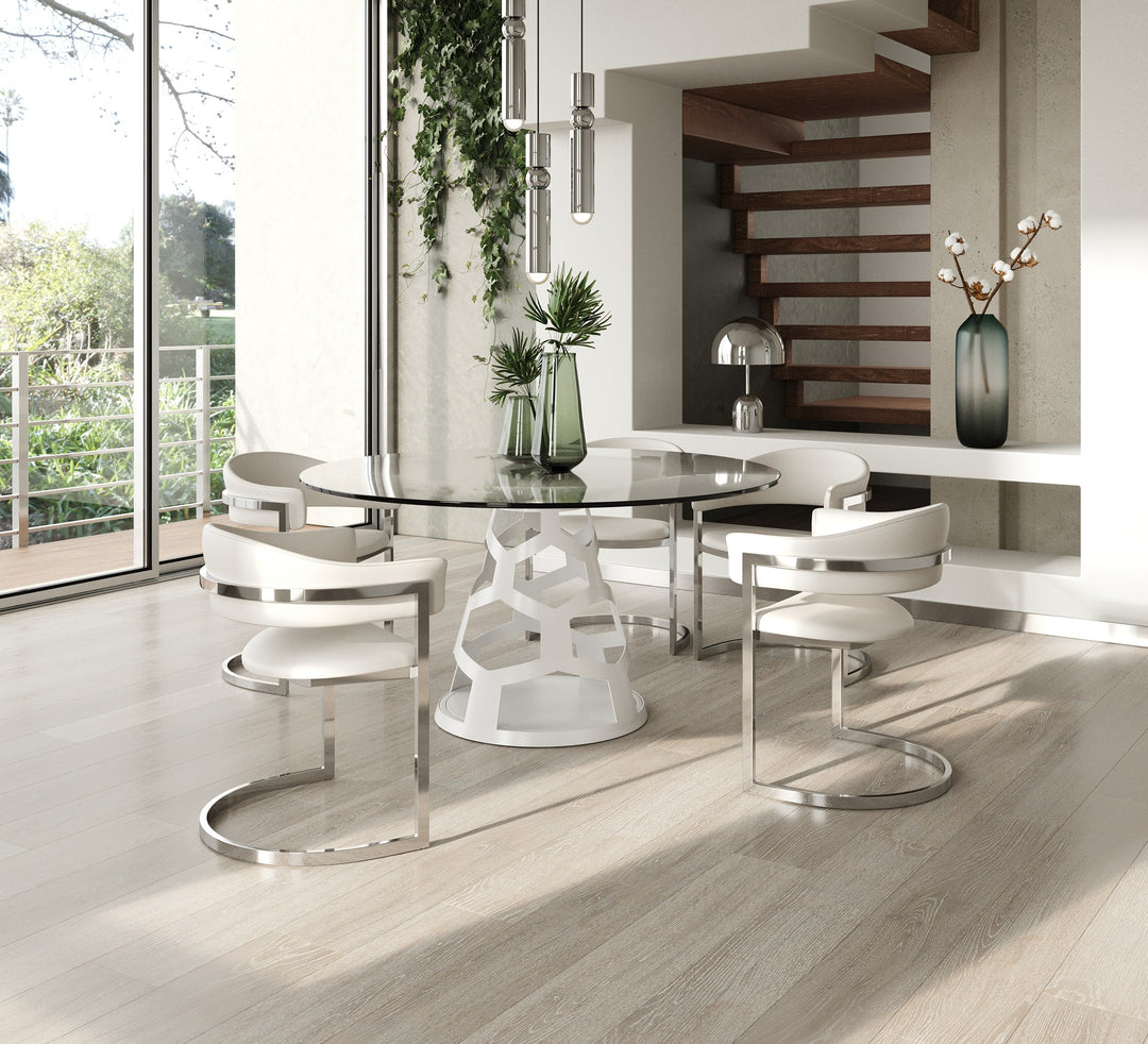 Lilly - Modern 12mm Round Glass + White Dining Table