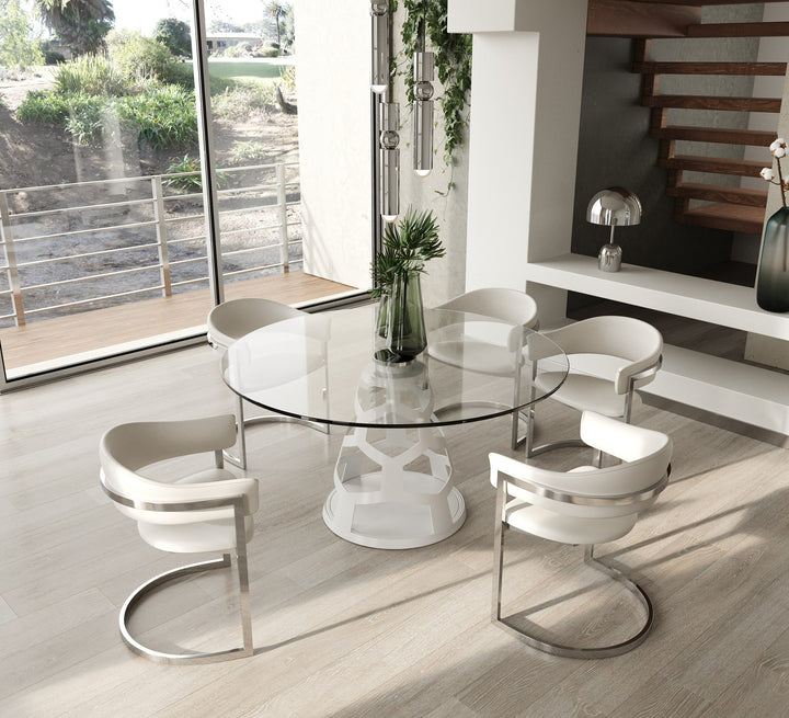 Lilly - Modern 12mm Round Glass + White Dining Table
