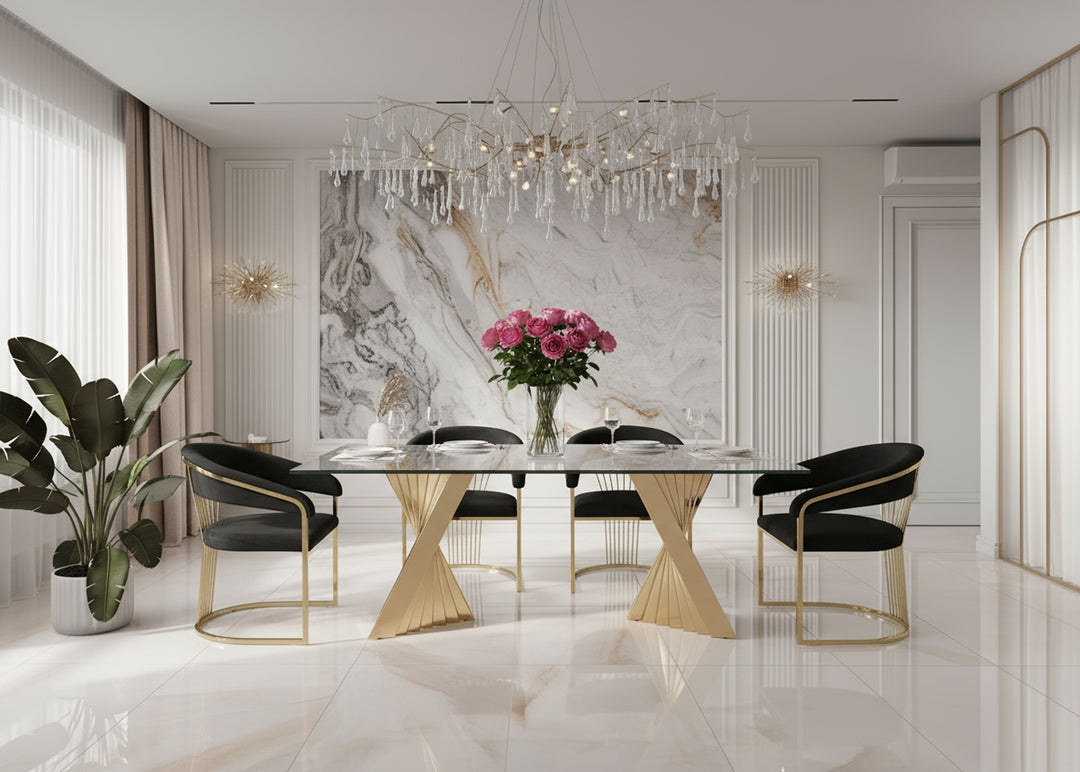 Buquet - Glam Glass + Champagne Gold Rectangular Dining Table