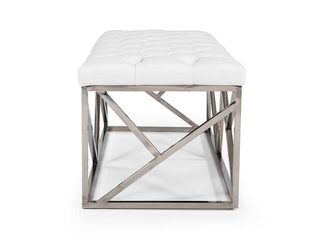 Lindsey Modern White Leatherette  and  Stainless Steel Bench