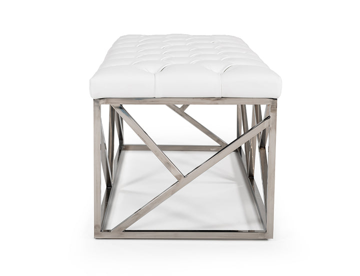 Lindsey Modern White Leatherette  and  Stainless Steel Bench