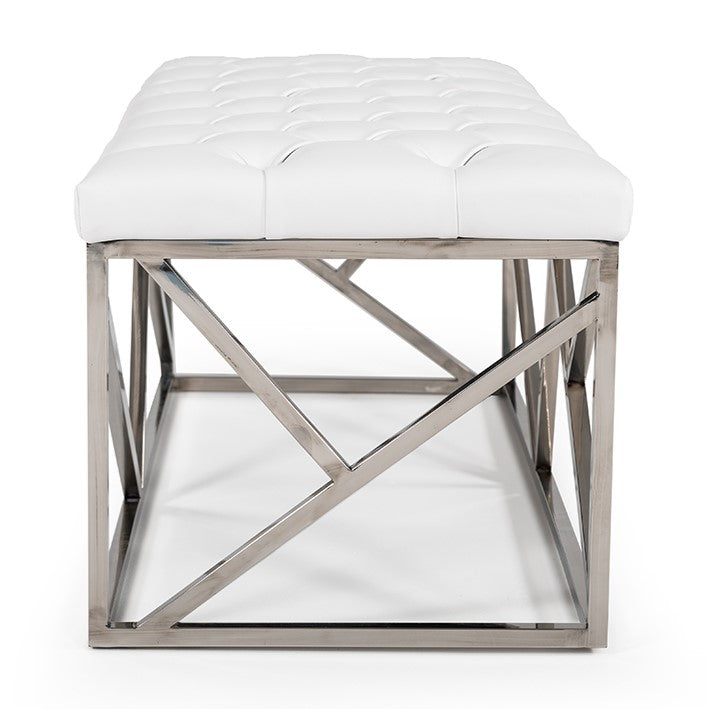 Lindsey Modern White Leatherette &amp; Stainless Steel Bench
