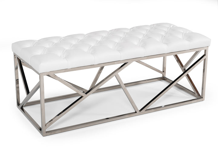 Lindsey Modern White Leatherette &amp; Stainless Steel Bench