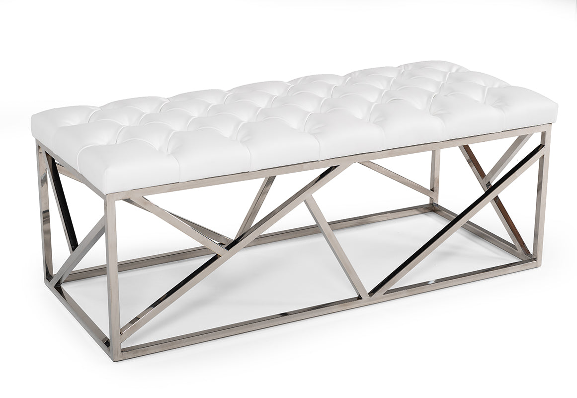 Lindsey Modern White Leatherette & Stainless Steel Bench