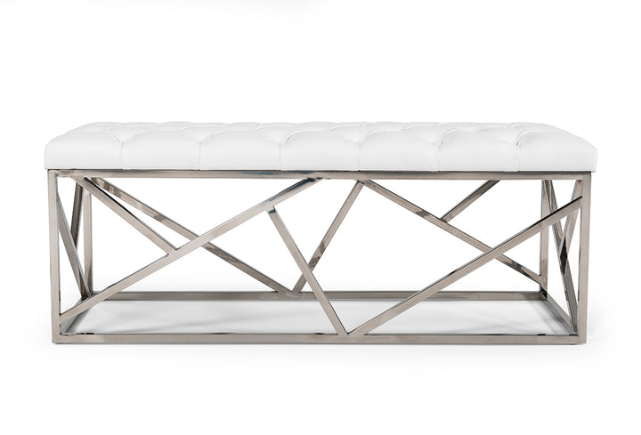 Lindsey Modern White Leatherette &amp; Stainless Steel Bench