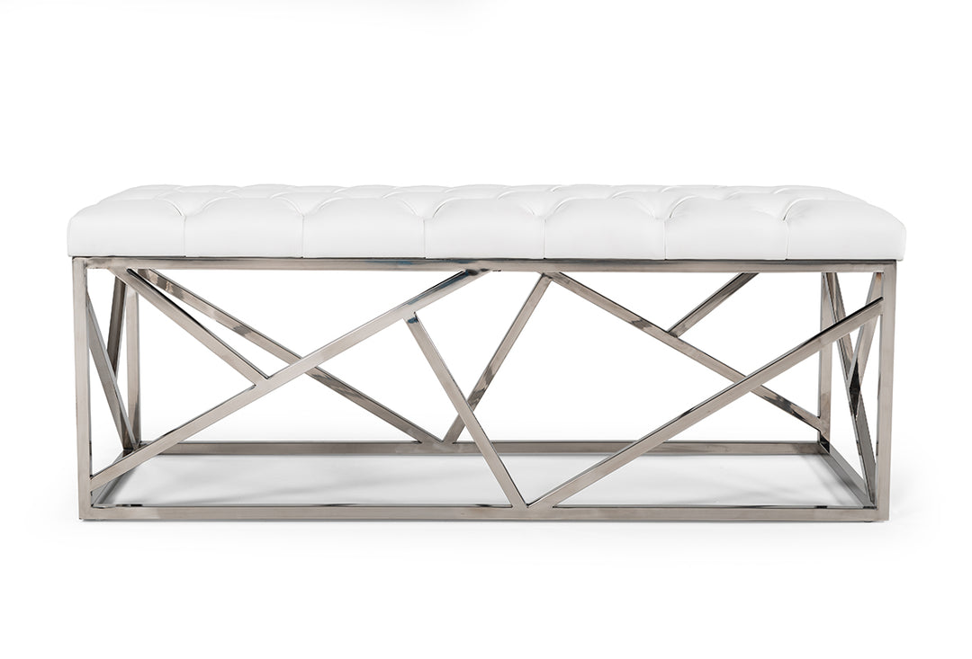 Lindsey Modern White Leatherette & Stainless Steel Bench