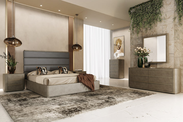 Lois - Modern Grey Leather &amp; Beige Shagreen High Headboard Bed