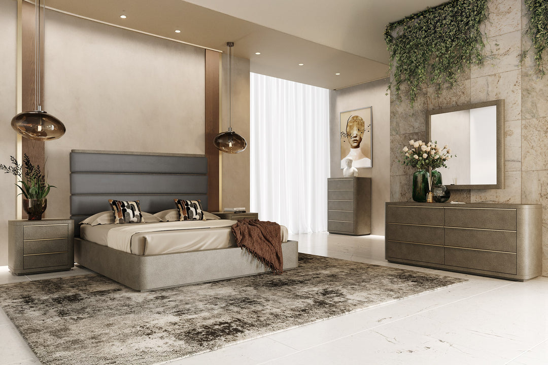 Lois - Modern Grey Leather & Beige Shagreen High Headboard Bed