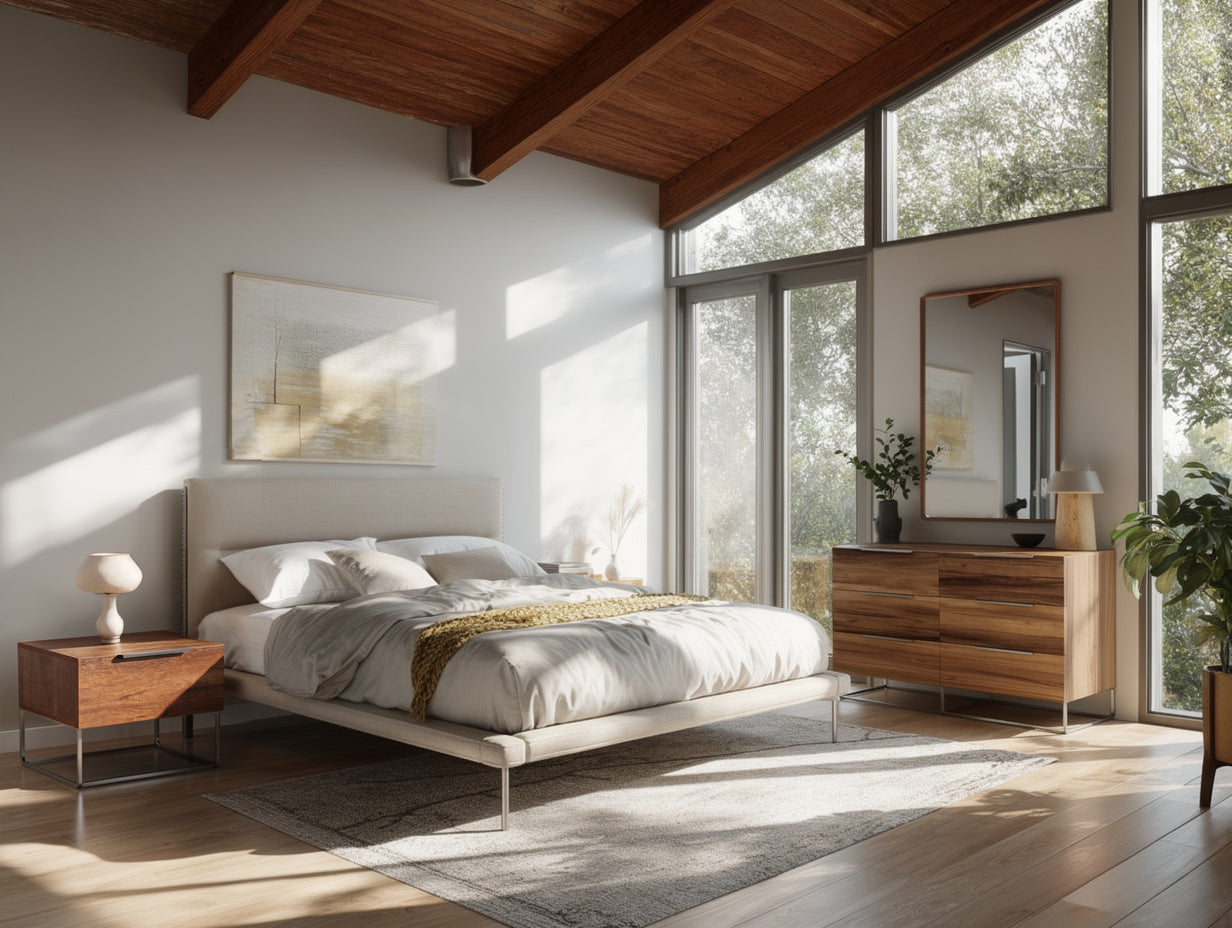 Eastern King Bergeron  Lorenzo - Contemporary Cream Fabric  Light Oak 4-Piece Bedroom Set