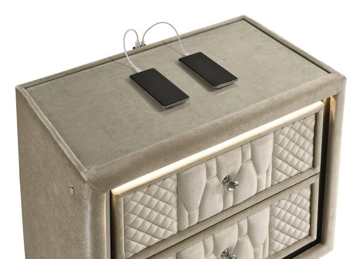 Lorient - 2 - Drawer LED Nightstand With USB - Ivory And Camel Nightstand w/ Charging Station modern furniture Contempo Furniture