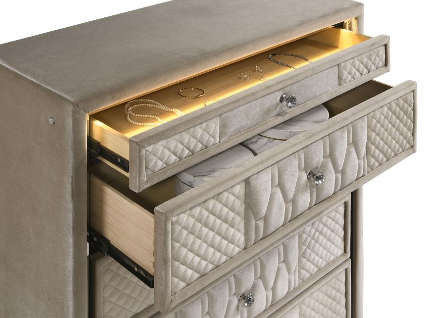 Lorient - 5 - Drawer LED Chest Of Drawers - Ivory And Camel Accent Chest modern furniture Contempo Furniture