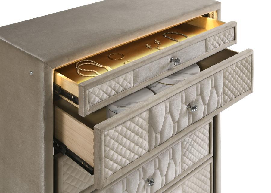 Lorient - 5 - Drawer LED Chest Of Drawers - Ivory And Camel Accent Chest modern furniture Contempo Furniture