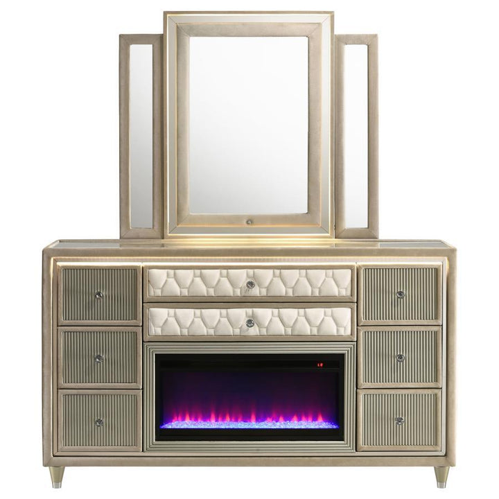 Lorient - 8 - Drawer LED Flame Box Dresser And Mirror - Ivory Camel Dresser &amp; Mirror modern furniture Contempo Furniture