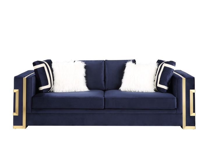 Virrux Sofa with 6 Pillows - Blue Velvet & Gold