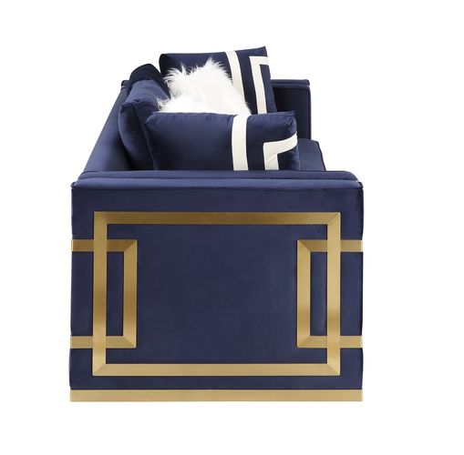 Virrux Sofa with 6 Pillows - Blue Velvet & Gold