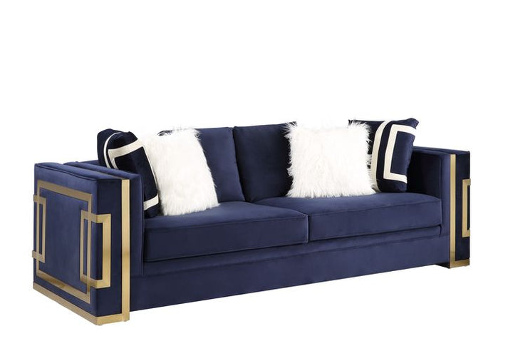 Virrux Sofa with 6 Pillows - Blue Velvet &amp; Gold