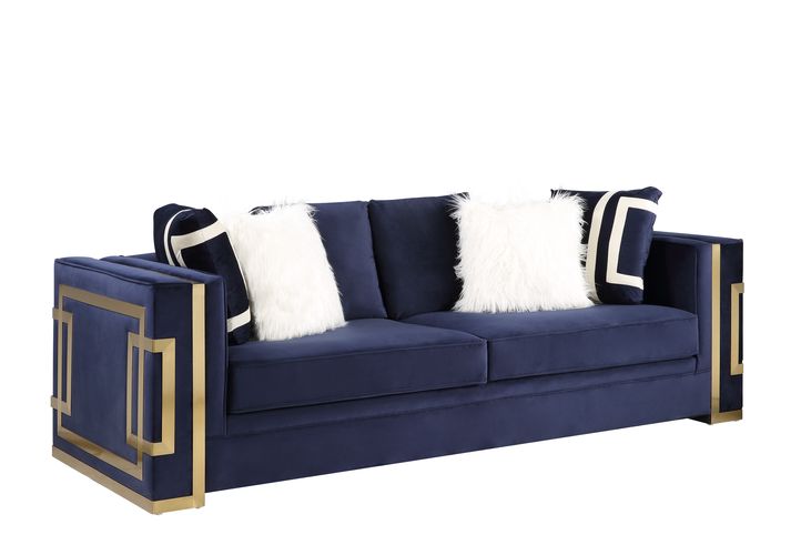 Virrux Sofa with 6 Pillows - Blue Velvet & Gold