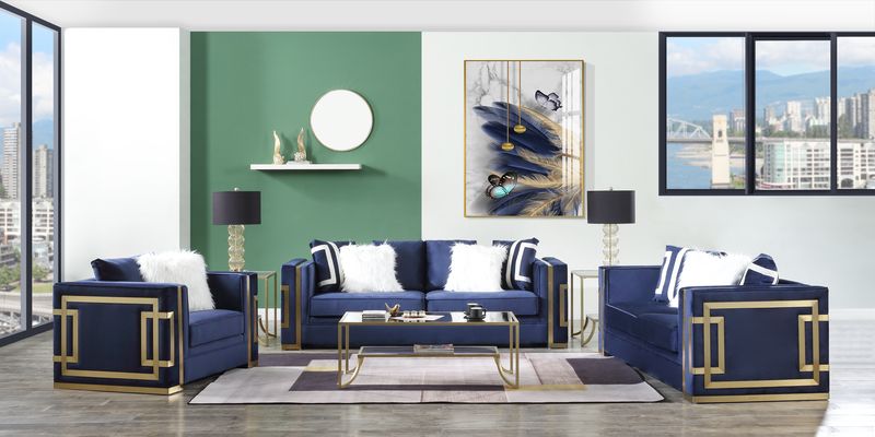Virrux Sofa with 6 Pillows - Blue Velvet & Gold
