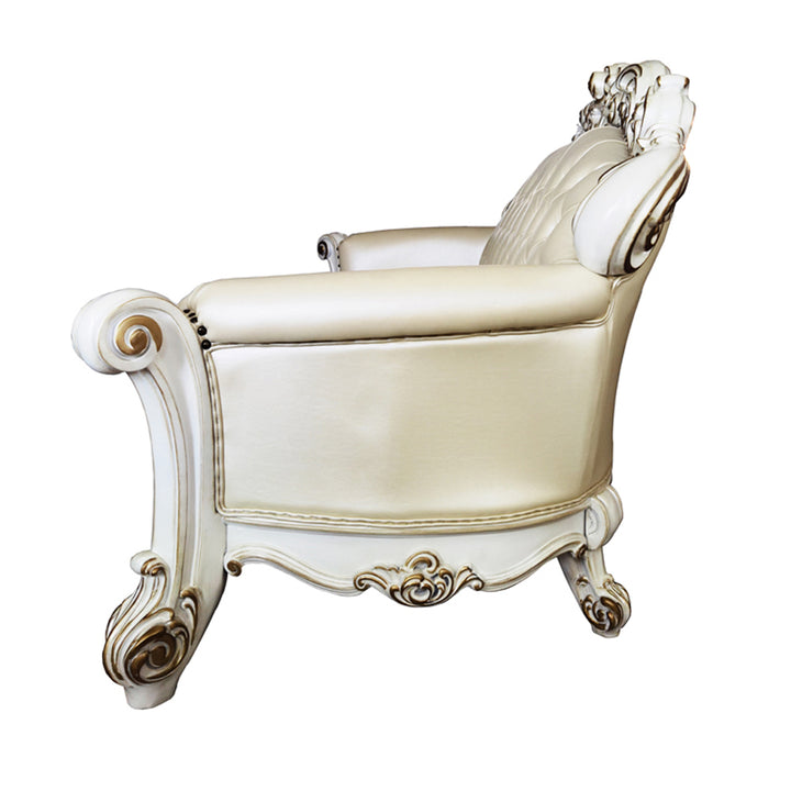 Vendome Sofa with 5 Pillows - Champagne Leatherette &amp; Antique Pearl