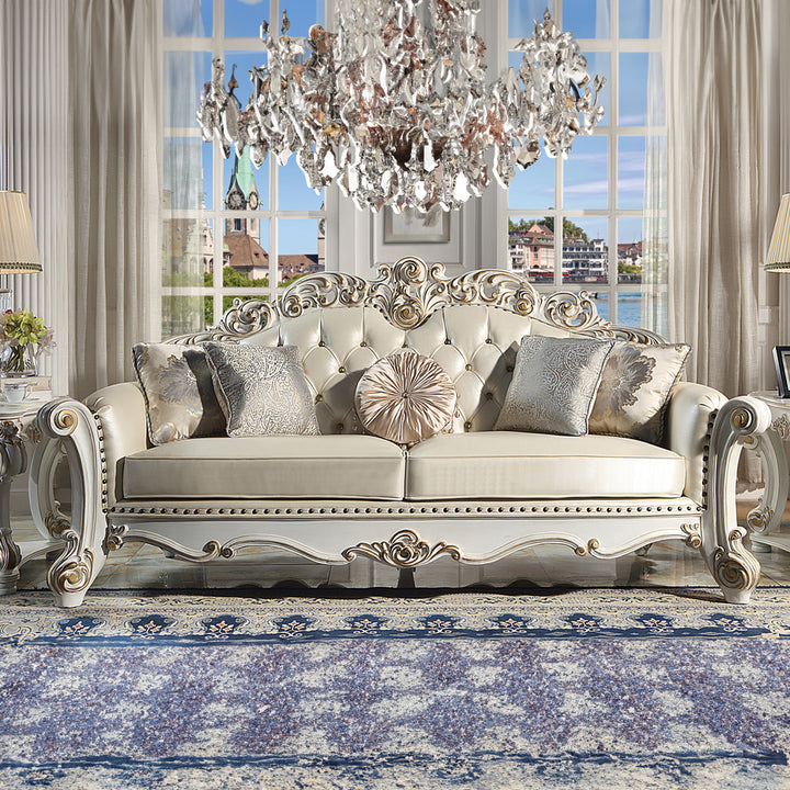 Vendome Sofa with 5 Pillows - Champagne Leatherette &amp; Antique Pearl