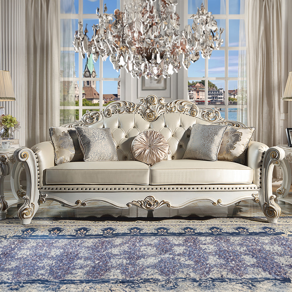 Vendome Sofa with 5 Pillows - Champagne Leatherette & Antique Pearl