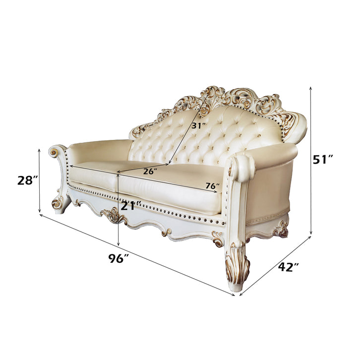 Vendome Sofa with 5 Pillows - Champagne Leatherette &amp; Antique Pearl