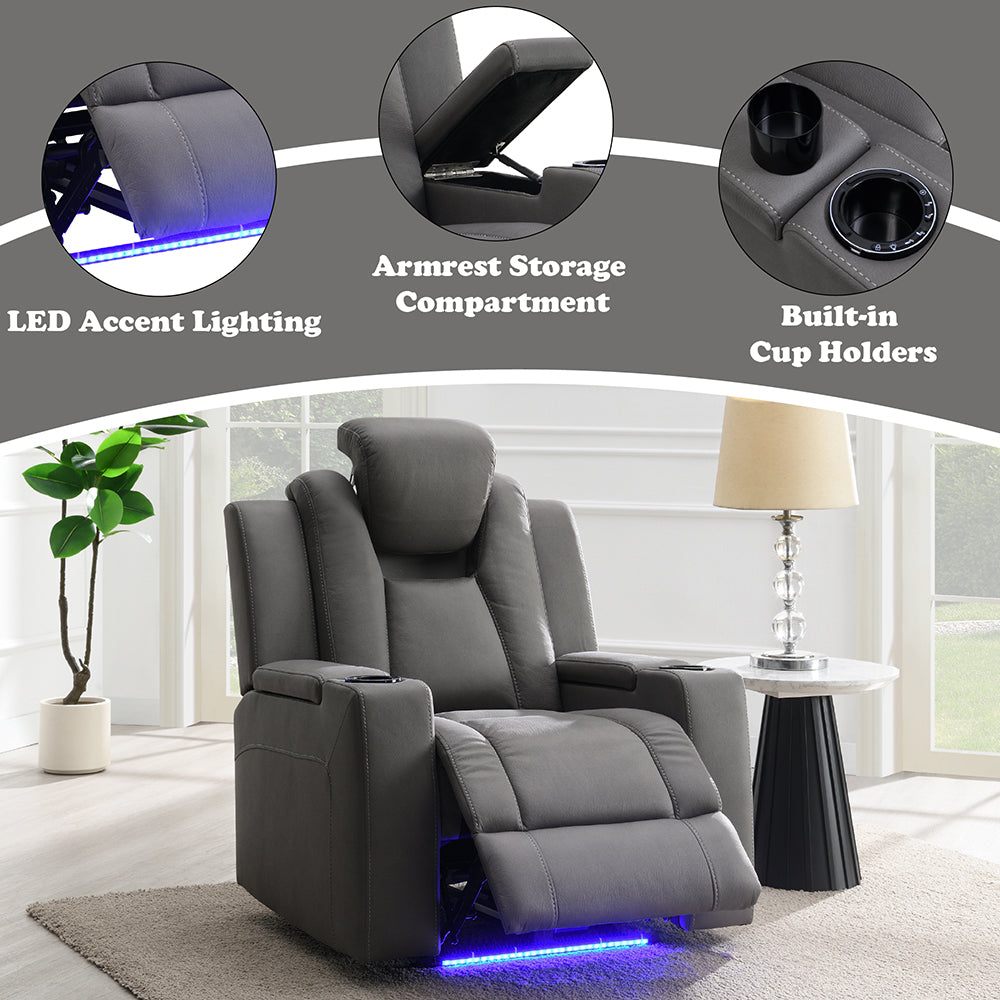 Leuco Power Motion Recliner with Cup Holder, Control, LED & Power Headrest