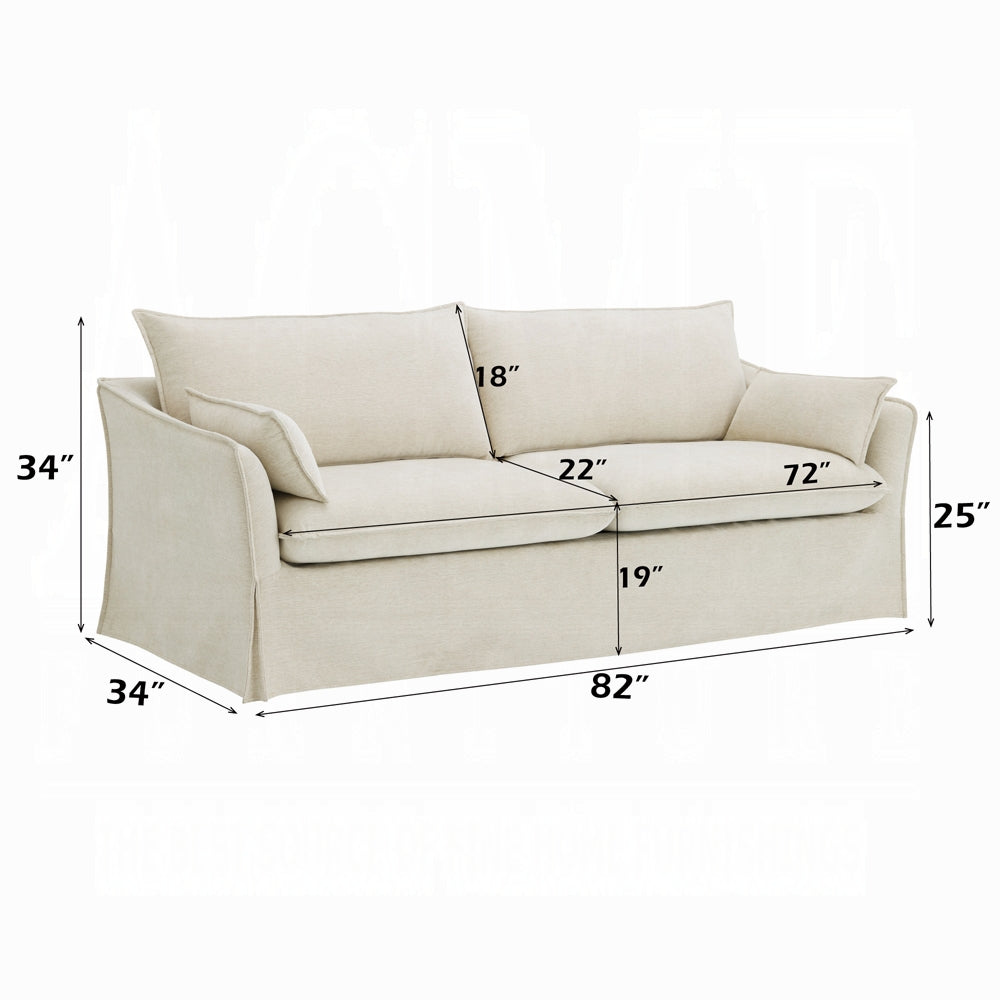 Beige sofa with dimensions marked on a white background