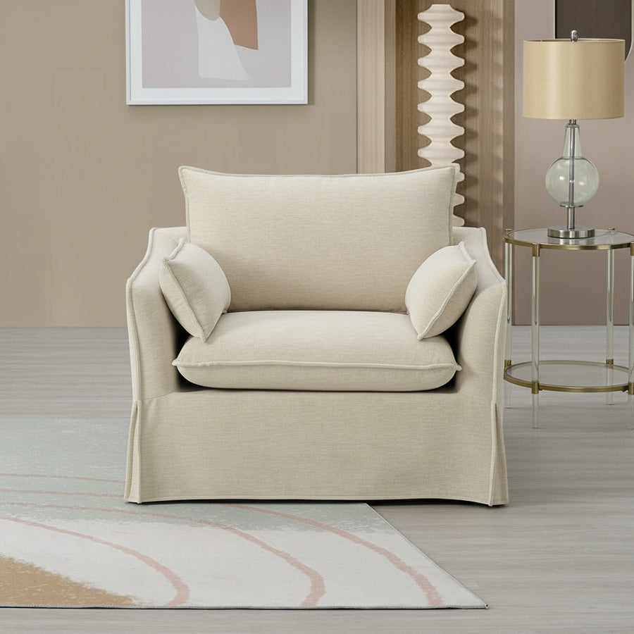Beige armchair with cushions in a modern room setting