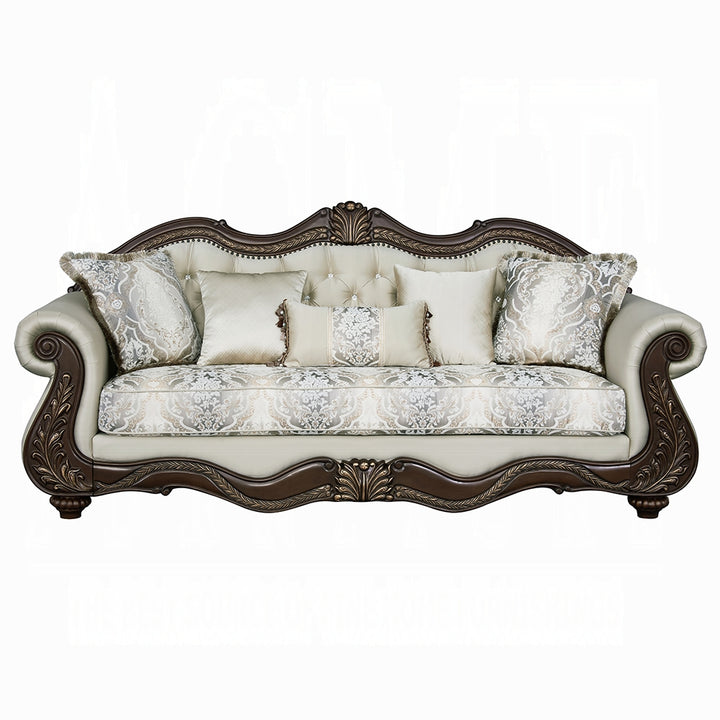 Pierce Sofa with 5 Accent Pillows – Beige Fabric & Cherry Finish