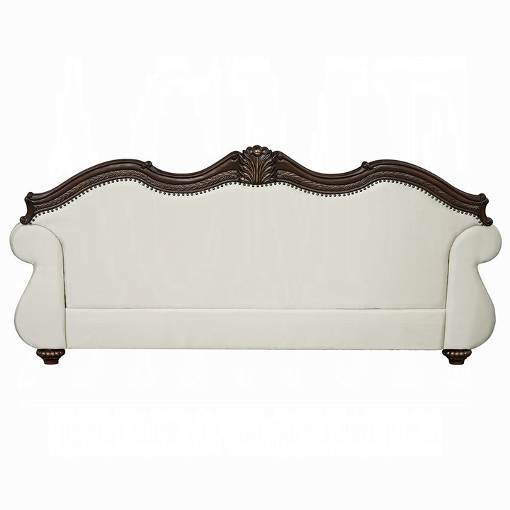 Pierce Sofa with 5 Accent Pillows – Beige Fabric & Cherry Finish