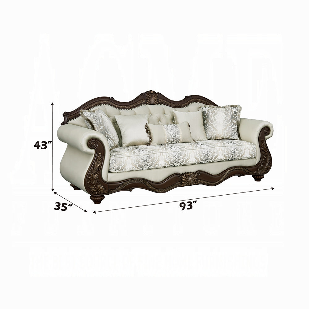 Pierce Sofa with 5 Accent Pillows – Beige Fabric & Cherry Finish
