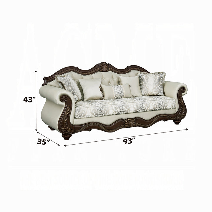Pierce Sofa with 5 Accent Pillows – Beige Fabric & Cherry Finish