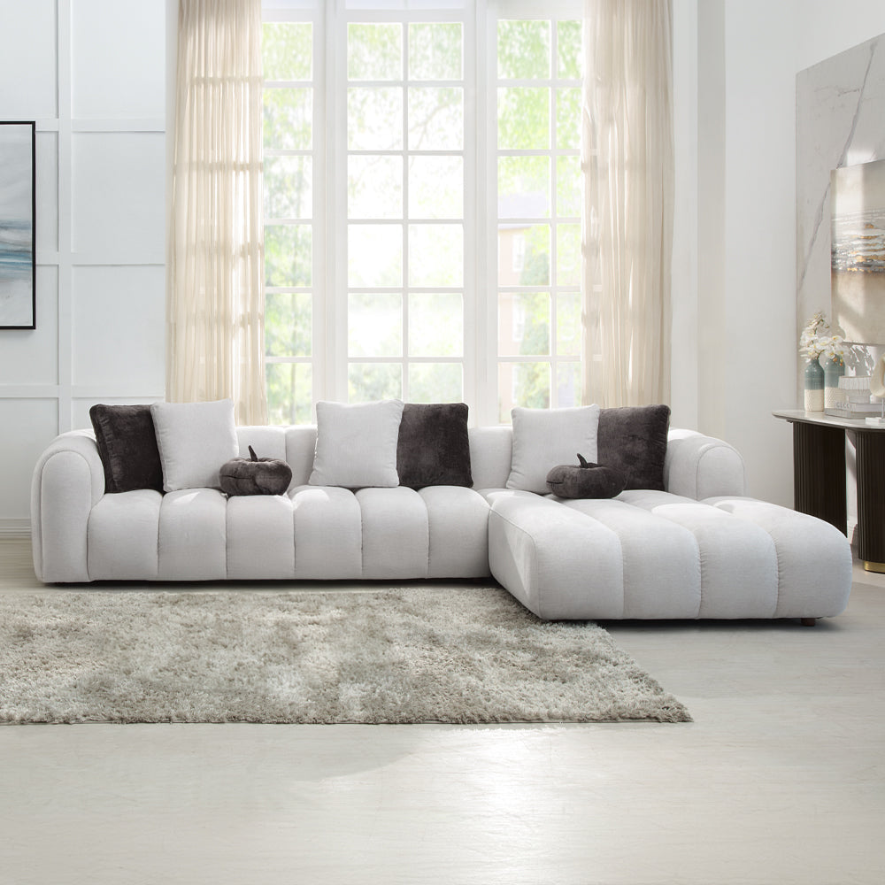 Manilla Sectional Sofa with 8 Pillows - Ivory White Linen