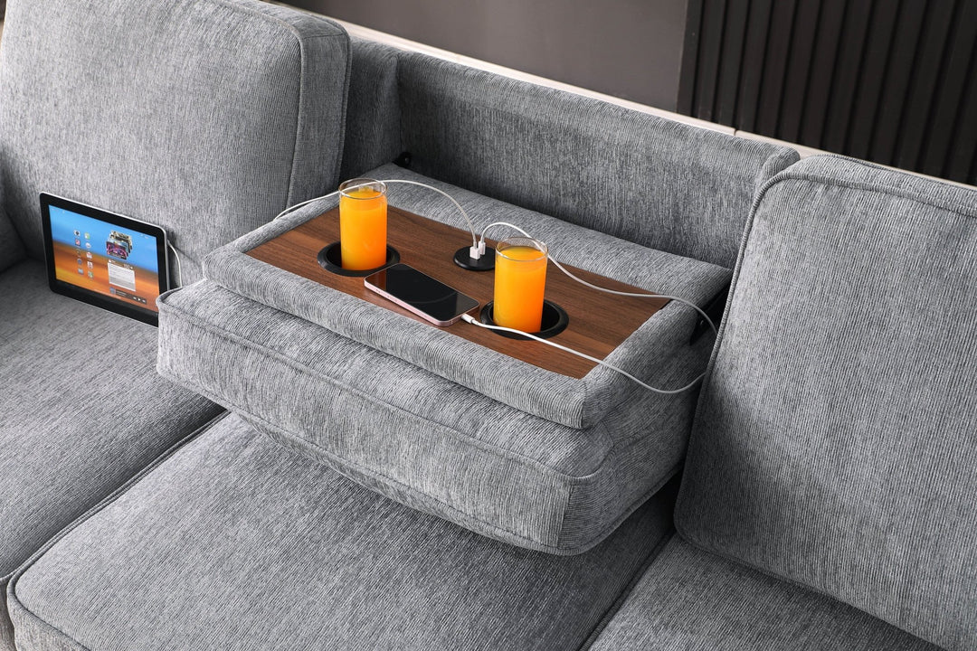 Mackenzie 91" Light Gray Chenille Sleeper Sectional with Storage Chaise & USB Sleeper Sectional modern furniture Contempo Furniture