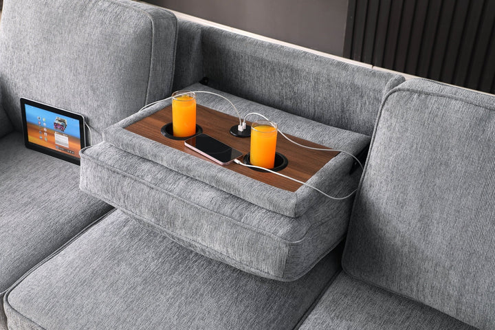 Mackenzie 91" Light Gray Chenille Sleeper Sectional with Storage Chaise &amp; USB Sleeper Sectional modern furniture Contempo Furniture
