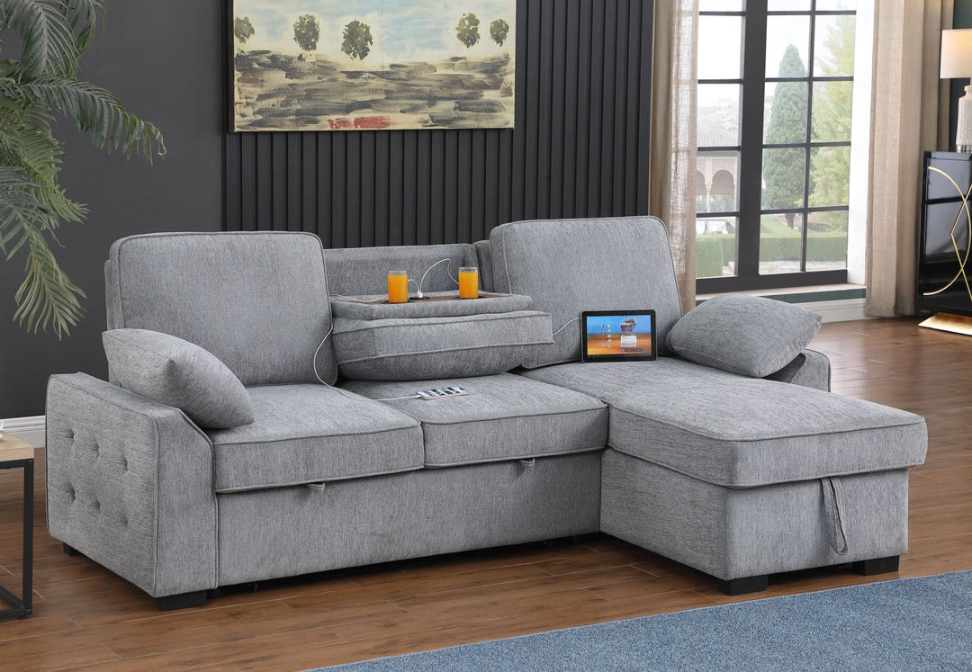 Mackenzie 91" Light Gray Chenille Sleeper Sectional with Storage Chaise & USB Sleeper Sectional modern furniture Contempo Furniture