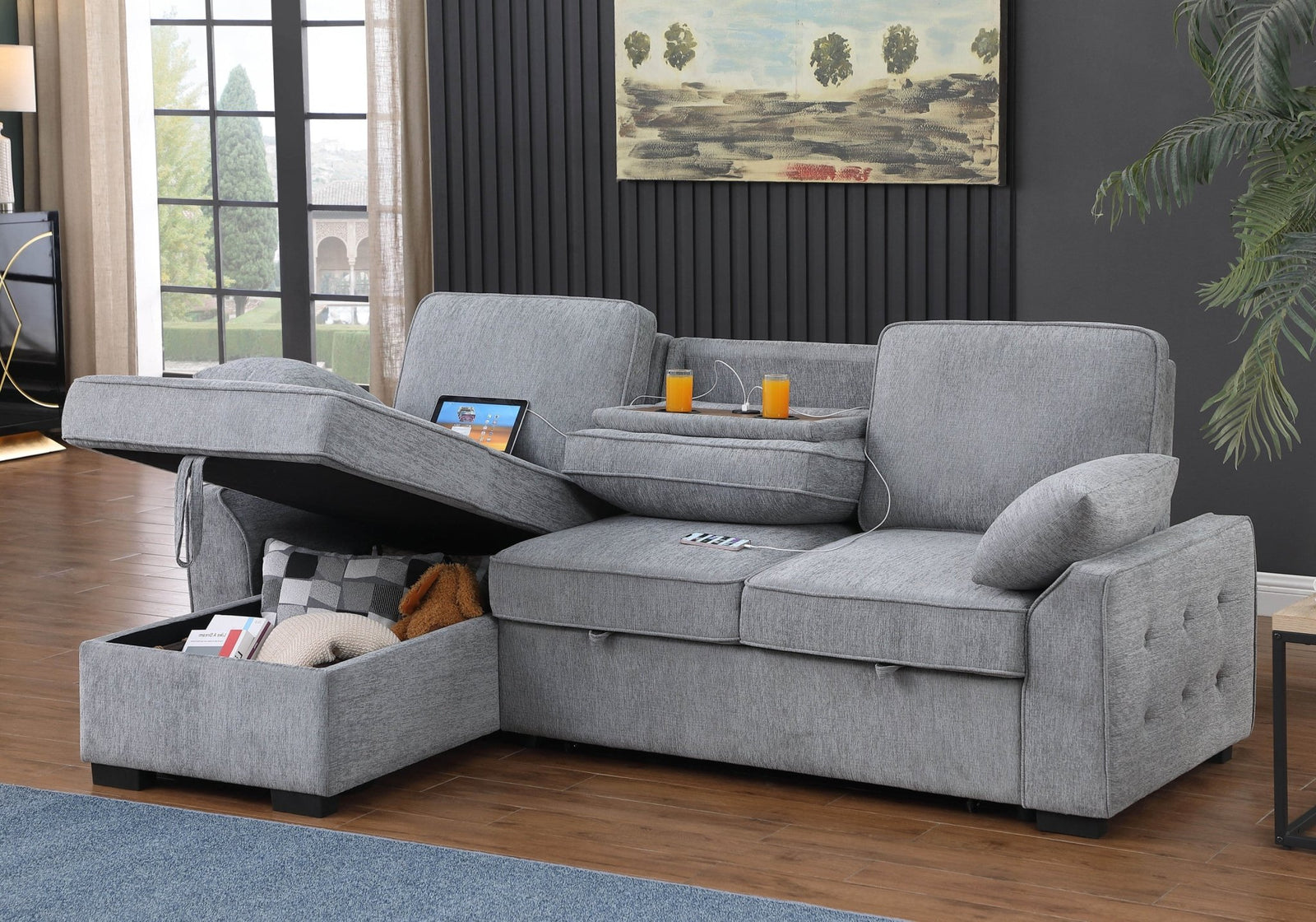 Mackenzie 91" Light Gray Chenille Sleeper Sectional with Storage Chaise & USB Sleeper Sectional modern furniture Contempo Furniture
