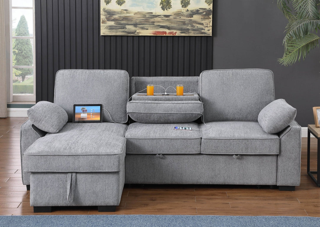 Mackenzie 91" Light Gray Chenille Sleeper Sectional with Storage Chaise & USB Sleeper Sectional modern furniture Contempo Furniture