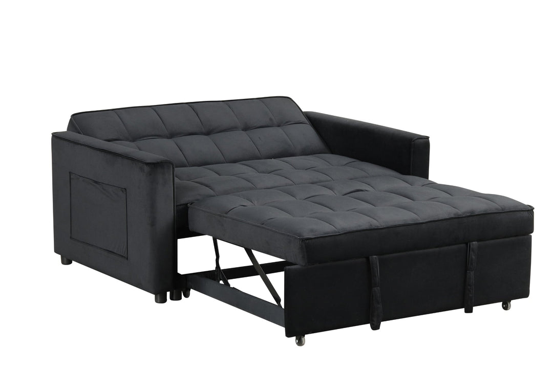 Maeve 53.5" Black Velvet Convertible Sleeper Loveseat with Tufting & Side Pockets Sleeper Sofa modern furniture Contempo Furniture