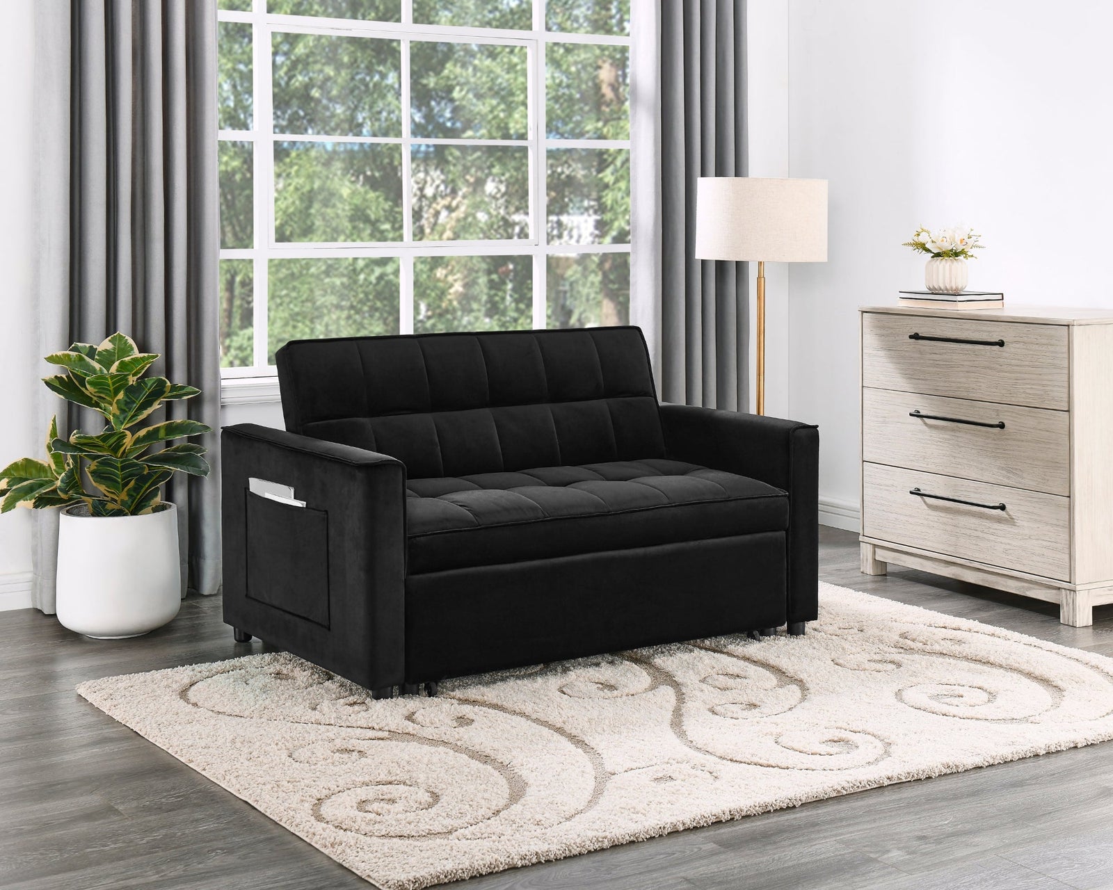 Maeve 53.5" Black Velvet Convertible Sleeper Loveseat with Tufting & Side Pockets Sleeper Sofa modern furniture Contempo Furniture