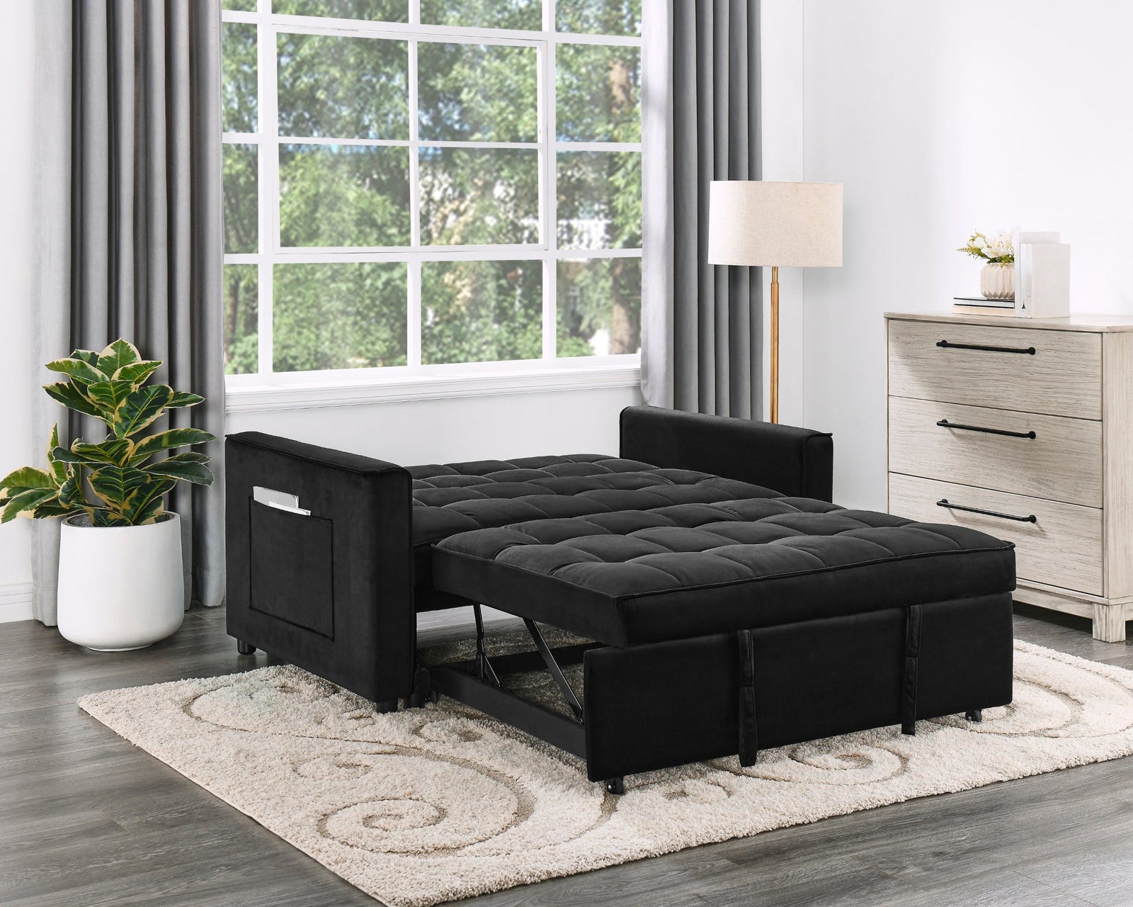Maeve 53.5" Black Velvet Convertible Sleeper Loveseat with Tufting & Side Pockets Sleeper Sofa modern furniture Contempo Furniture