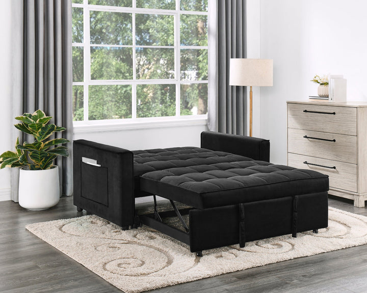 Maeve 53.5" Black Velvet Convertible Sleeper Loveseat with Tufting &amp; Side Pockets Sleeper Sofa modern furniture Contempo Furniture