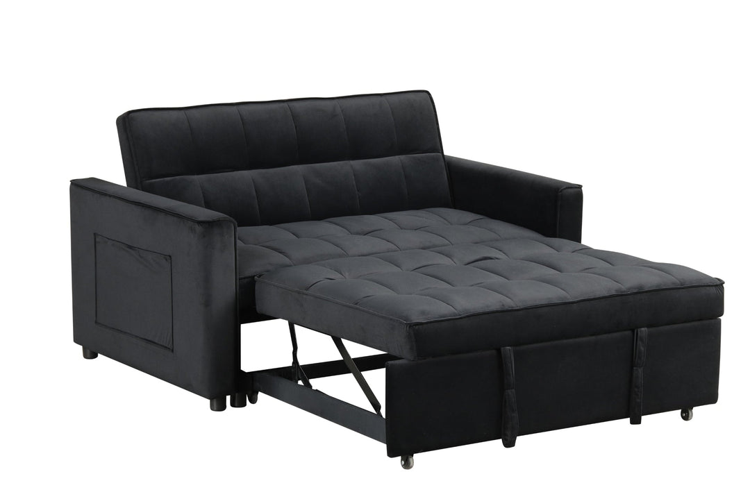 Maeve 53.5" Black Velvet Convertible Sleeper Loveseat with Tufting & Side Pockets Sleeper Sofa modern furniture Contempo Furniture