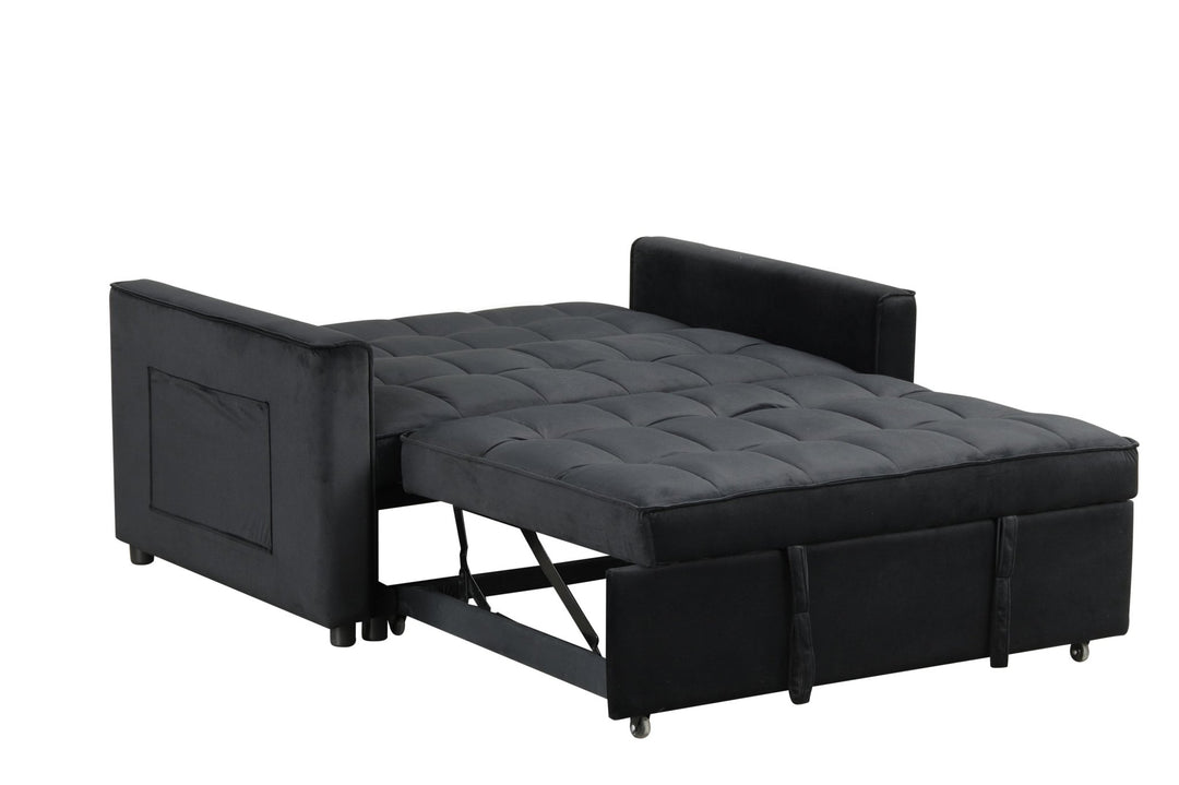 Maeve 53.5" Black Velvet Convertible Sleeper Loveseat with Tufting & Side Pockets Sleeper Sofa modern furniture Contempo Furniture