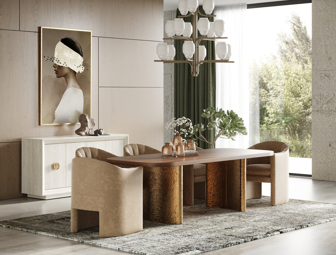 Marjorie  Modern Walnut + Brushed Gold Rectangular Dining Table
